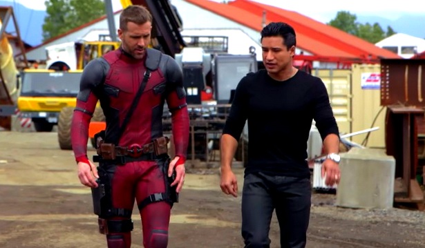 Ryan Reynolds in Deadpool costume for on-set interview, and Mario Lopez