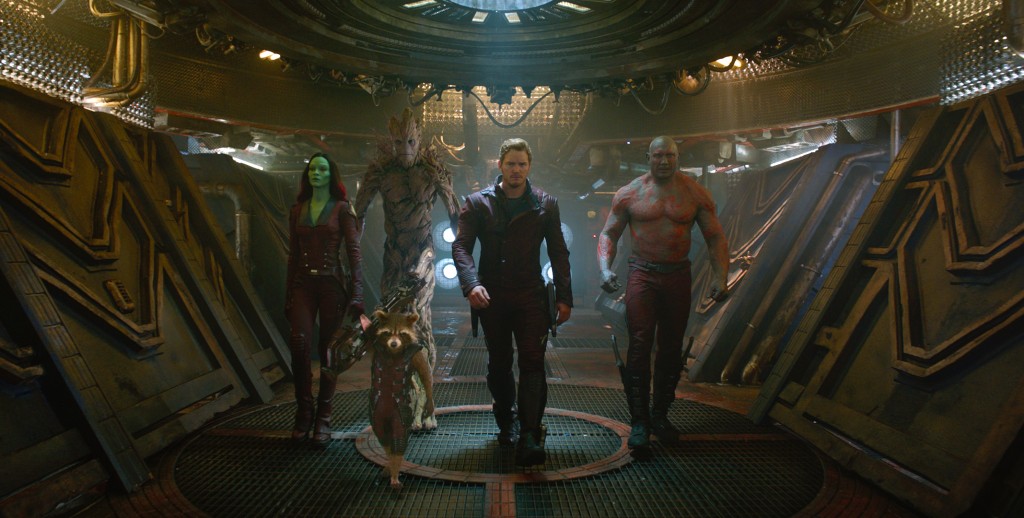 Marvel's Guardians Of The Galaxy..L to R: Gamora (Zoe Saldana), Rocket (Voiced by Bradley Cooper), Groot (Voiced by Vin Diesel), Star-Lord/Peter Quill (Chris Pratt) and Drax (Dave Bautista). Photo: 