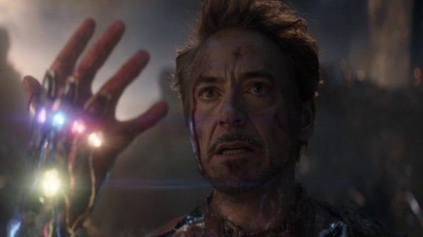 Tony Stark with the gauntlet in Avengers: Endgame